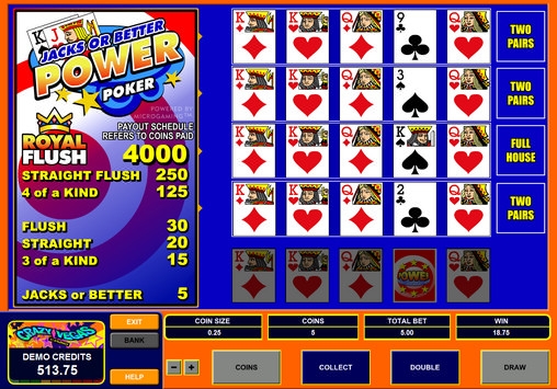 Jacks or Better Power Poker («Мощный» видео-покер «Валеты или выше») из раздела Видео покер